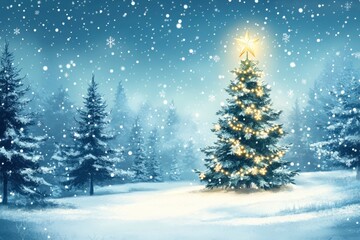 Obraz premium Fantastic winter landscape with christmas tree. Christmas background with christmas tree, snow and star. Beautiful christmas night with generative ai