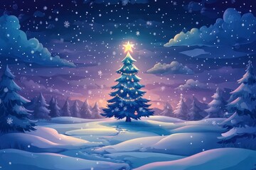 Fantastic winter landscape with christmas tree. Christmas background with christmas tree, snow and star. Beautiful christmas night with generative ai