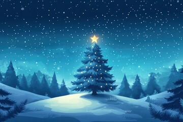 Fototapeta premium Fantastic winter landscape with christmas tree. Christmas background with christmas tree, snow and star. Beautiful christmas night with generative ai