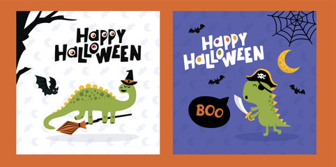 Happy Halloween illustration set with dinosaurs in pirate and witch costumes.