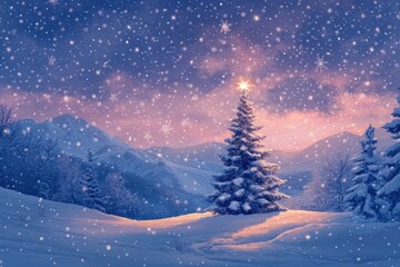 Naklejka premium Fantastic winter landscape with christmas tree. Christmas background with christmas tree, snow and star. Beautiful christmas night with generative ai