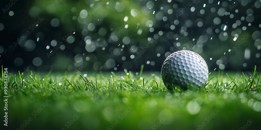 Poster Close-up of a golf ball lying on wet grass with fresh rain droplets falling around it in a serene golf course