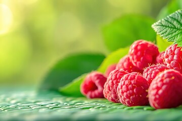 Fresh raspberries on a green background. Ripe raspberries background. Close up of fresh raspberries...