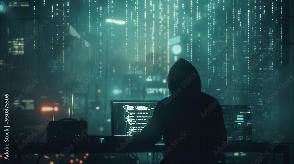 Aufkleber a hacker in a hoodie focuses intently on code illuminated by multiple screens in a dimly lit urban s
