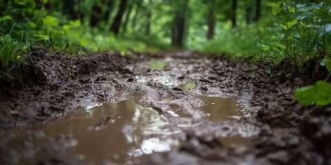 Fototapeta premium Wet and muddy ground following intense rain 