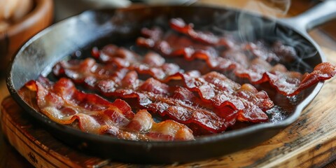 Bacon strips sizzling in a skillet on the tabletop