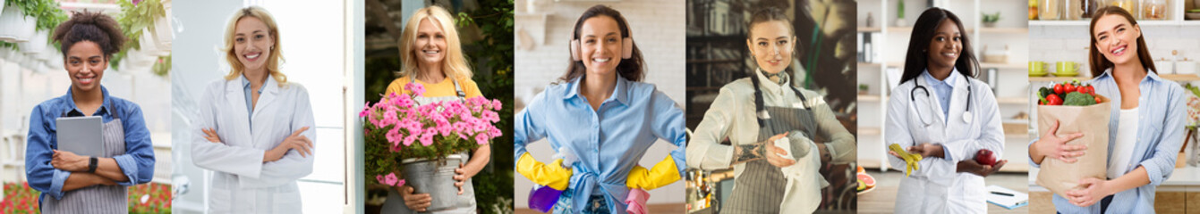 Seven women, all smiling, stand in front of various backgrounds. They are dressed in different...
