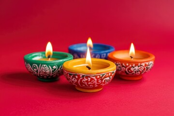 Happy Diwali - Clay Diya lamps lit during Diwali, Hindu festival of lights celebration. Colorful traditional oil lamp diya on red background with generative ai