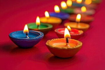 Happy Diwali - Clay Diya lamps lit during Diwali, Hindu festival of lights celebration. Colorful traditional oil lamp diya on red background with generative ai