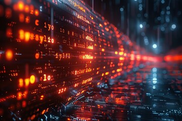 Obraz premium Digital Abstract Art with glowing numbers and lights in red and blue hues.