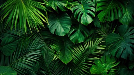 Group background of dark green tropical leaves ( monstera, palm, coconut leaf, fern, palm leaf,bananaleaf) Panorama background. concept of nature , ai