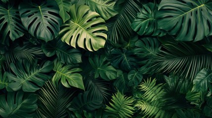 Group background of dark green tropical leaves ( monstera, palm, coconut leaf, fern, palm leaf,bananaleaf) Panorama background. concept of nature , ai