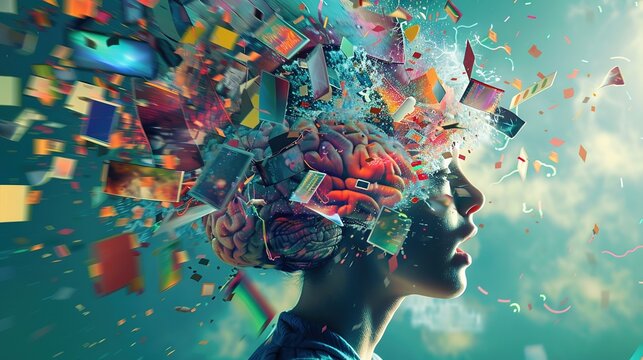 A surreal depiction of a brain exploding with colorful images, symbolizing creativity and thought.