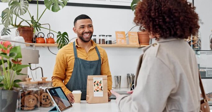 Phone, customer and qr code scan in cafe for machine and financial transaction with banking account. Tablet, woman and waiter at pos in store with fintech for sale, food and barcode as payment