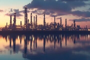 Fototapeta premium Refinery plant at twilight with reflection in water, 3d render. Oil refinery plant for crude oil industry in evening twilight, with generative ai