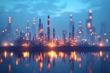 Refinery plant at twilight with reflection in water, 3d render. Oil refinery plant for crude oil industry in evening twilight, with generative ai