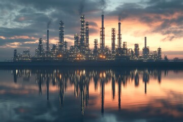 Naklejka premium Refinery plant at twilight with reflection in water, 3d render. Oil refinery plant for crude oil industry in evening twilight, with generative ai