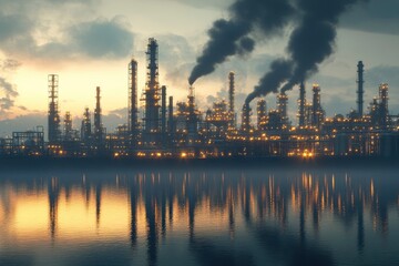 Obraz premium Refinery plant at twilight with reflection in water, 3d render. Oil refinery plant for crude oil industry in evening twilight, with generative ai