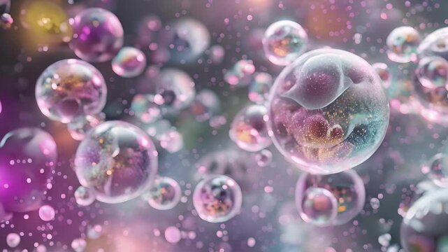 A microscopic view of tiny spherical structures with colorful particles inside indicating the conversion of glucose in the glycolysis pathway.