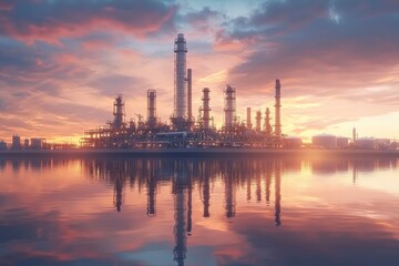Fototapeta premium Refinery plant at twilight with reflection in water, 3d render. Oil refinery plant for crude oil industry in evening twilight, with generative ai