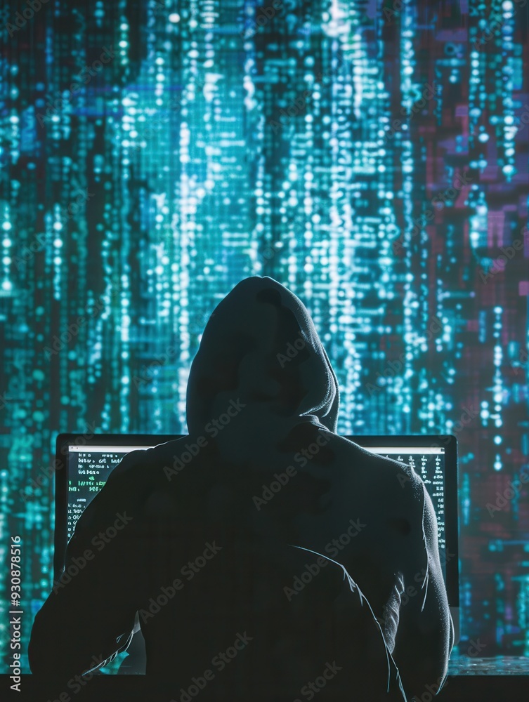 Aufkleber a figure in a hoodie focuses on a computer as green code streams across a large screen, casting an a