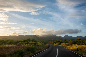 Road to the mountain. Arid mountains. Paths through the mountains with cacti and xeric vegetation. Red earth.