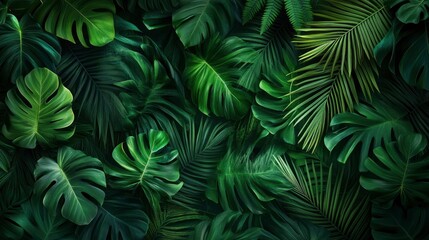 Group background of dark green tropical leaves ( monstera, palm, coconut leaf, fern, palm leaf,bananaleaf) Panorama background. concept of nature , ai