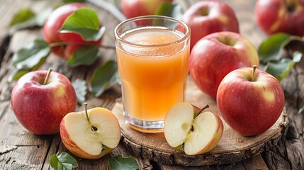 A glass of fresh apple juice sits on a wooden surface with several whole apples and two halves.