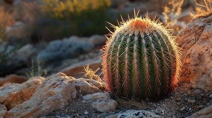 A close-up of a round cactus plant with sharp spines bathed in warm sunlight.