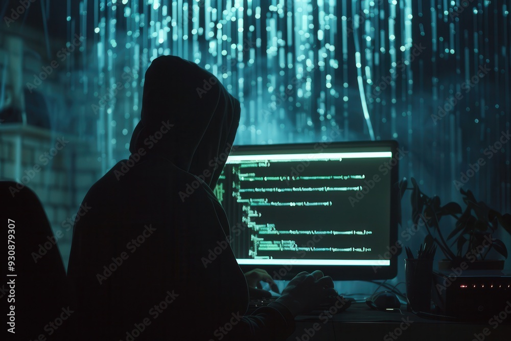 Aufkleber a silhouette of a hacker works on a computer displaying matrix-like code, surrounded by a dark atmos