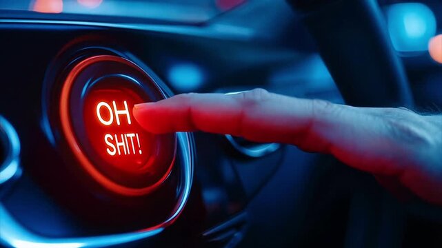 Close up finger pushing red glowing "OH SHIT!" button in a modern self driving car.