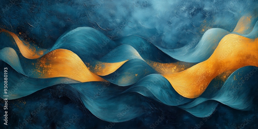 Wall mural Textured Abstraction: Teal and Mustard on Canvas with Radiant Highlights, generative ai