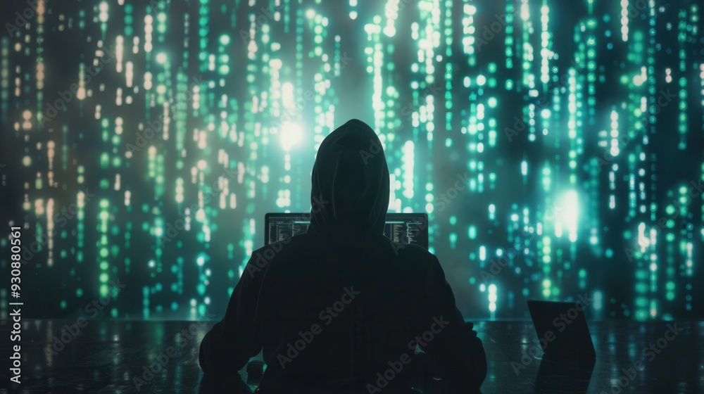 Fototapete a silhouetted figure in a hoodie works intently on a computer, surrounded by vibrant, shimmering cod
