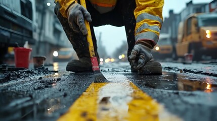 Worker Painting Road Marking with Brush.