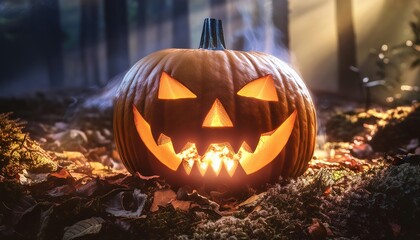 Spooky Halloween Pumpkin in Enchanted Forest Setting