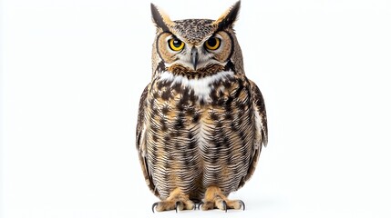Obraz premium A majestic great horned owl with striking yellow eyes stands isolated on a white background.