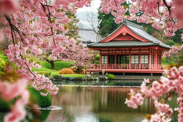 Naklejka premium Sakura blossom in the garden with japanese style building background. Cherry blossoms in spring, Japan. Cherry blossoms in full bloom in the spring with generative ai