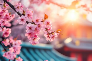 Sakura blossom in the garden with japanese style building background. Cherry blossoms in spring, Japan. Cherry blossoms in full bloom in the spring with generative ai