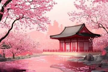 Fototapeta premium Sakura blossom in the garden with japanese style building background. Cherry blossoms in spring, Japan. Cherry blossoms in full bloom in the spring with generative ai