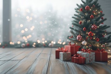 3D render Christmas background with gift boxes and christmas tree. Christmas tree with gift boxes on wooden table with generative ai