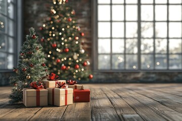 3D render Christmas background with gift boxes and christmas tree. Christmas tree with gift boxes on wooden table with generative ai