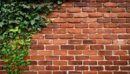 aging red brick wall with lush green ivy vines plant growing on left side background asset