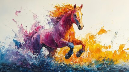 A vibrant, oil-painted depiction of a horse leaping through waves