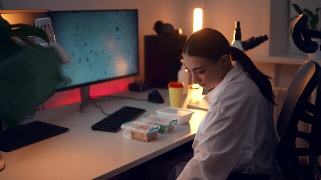 Woman is going to have lunch at work taking containers with food and opening theme. Slow motion of female Caucasian scientist eating food from lunchboxes in the laboratory late evening during break