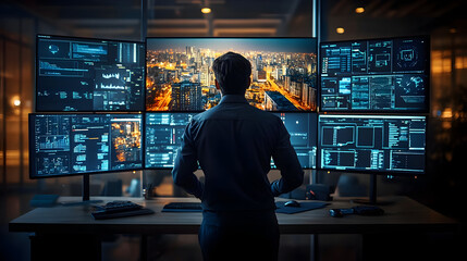 Man standing in front of a multi-monitor setup looking at a city skyline.