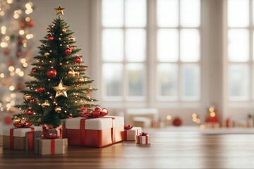 3D render Christmas background with gift boxes and christmas tree. Christmas tree with gift boxes on wooden table with generative ai