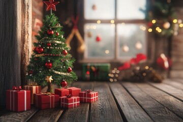 3D render Christmas background with gift boxes and christmas tree. Christmas tree with gift boxes on wooden table with generative ai