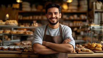 Smiling male baker standing in front of a display case of pastries.