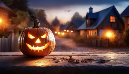 Fototapeta premium Spooky Pumpkin Lantern at Haunted Halloween Night