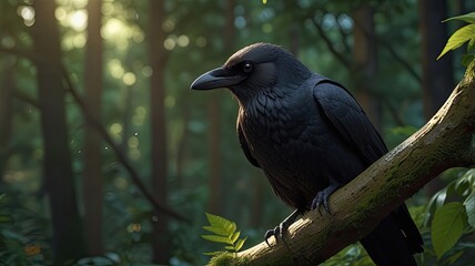 Fototapeta premium Black birds perch on branches amidst green foliage in a wild forest setting